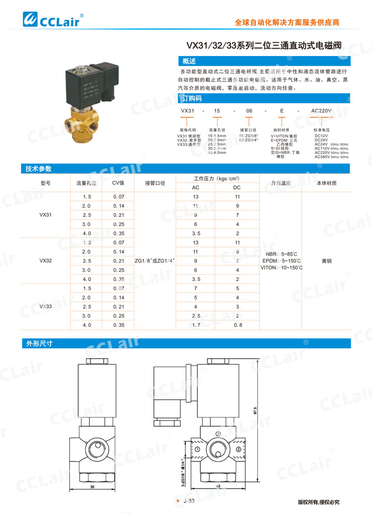 VX31、32、33系列二位三通直動式電磁閥
